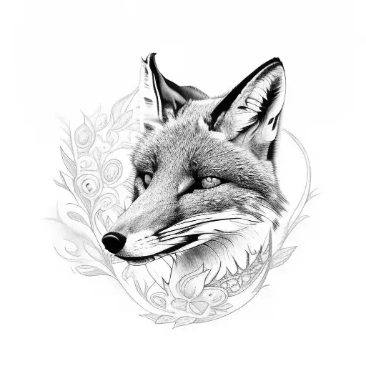 A black-grey tattoo featuring a fox surrounded by intricate floral patterns tattoo design idea