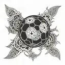 A soccer ball morphing into a celestial symbol representing God tattoo design idea