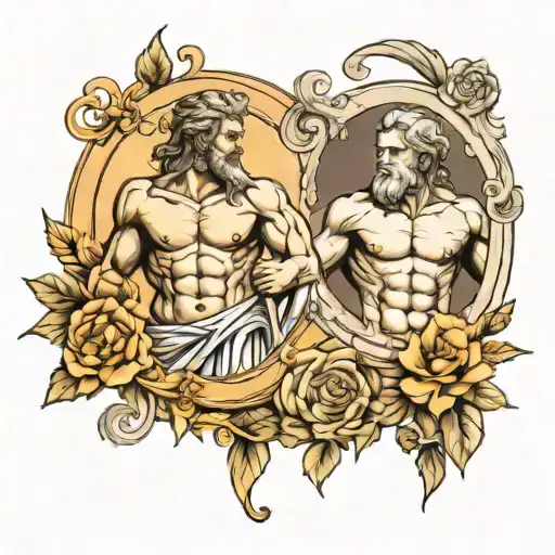 zeus and apollo with room for date of birth and death with room to expand for a sleeve tattoo design idea