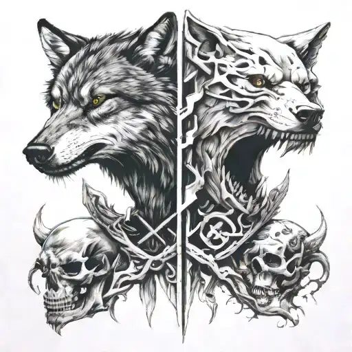 wolf head and wolf skull growing at each other above a battlefield with vikings tattoo design idea