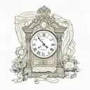 Grandfather clock with the time of 7 pm with a banner wrapping around the clock saying in the memory of grandpa 5-16-24 tattoo design idea