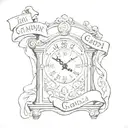 Grandfather clock with the time of 7 pm with a banner wrapping around the clock saying in the memory of grandpa 5-16-24 tattoo design idea