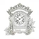 Grandfather clock with the time of 7 pm with a banner wrapping around the clock saying in the memory of grandpa 5-16-24 tattoo design idea