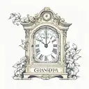Grandfather clock with the time of 7 pm with a banner wrapping around the clock saying in the memory of grandpa 5-16-24 tattoo design idea