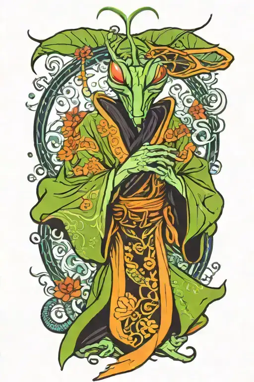 Japanese style praying mantis dressed a priest tattoo design idea