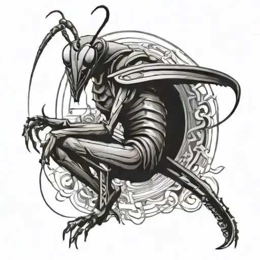 Design a black and grey tattoo of a praying mantis dressed like a samurai warrior  tattoo design idea