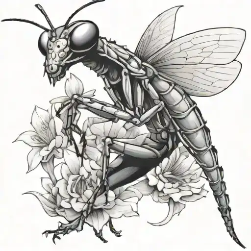 Design a black and grey tattoo of a praying mantis in the style of Hokusai  tattoo design idea