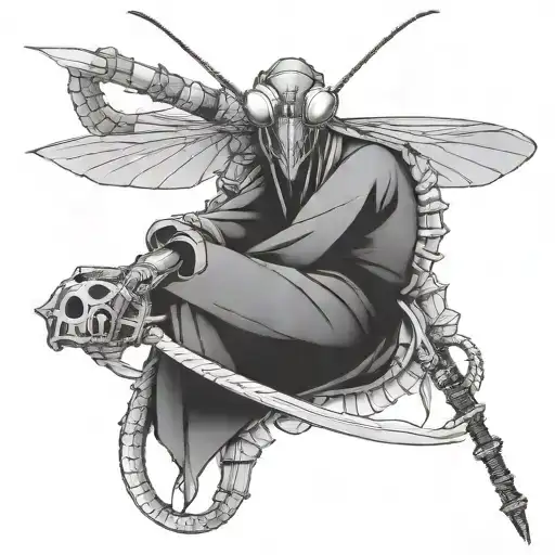 Design a black and grey tattoo of a praying mantis dressed like a samurai warrior holding a samurai sword  tattoo design idea