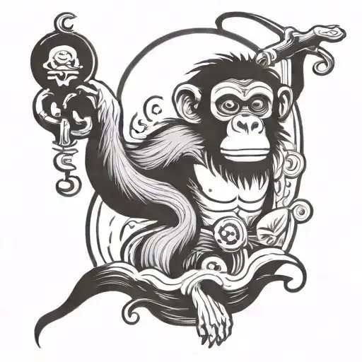 A monkey in a traditional Japanese onsen surrounded by yokai spirits tattoo design idea