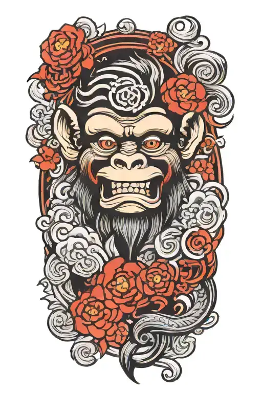 monkey yokai inspired design featuring wind bars  tattoo design idea