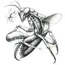 Design a black and grey tattoo of a praying mantis in the style of Hokusai  tattoo design idea