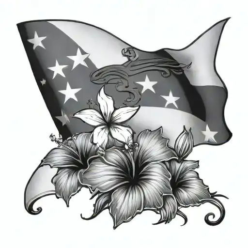 Puerto Rican flag with hibiscus and coqui in black and white. no humans or color. only black and white  tattoo design idea