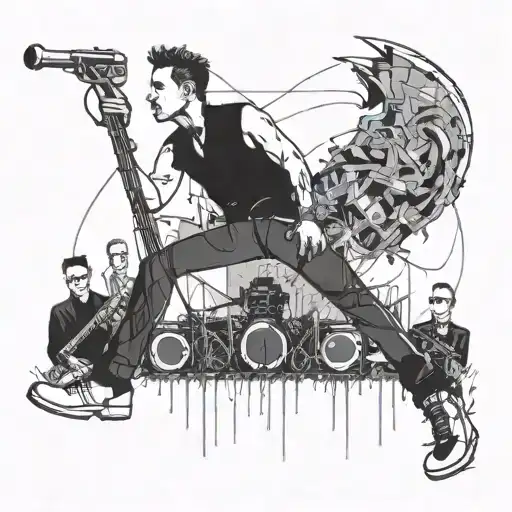 Illustrate a scene of a concert with Depeche Mode performing, incorporating elements of walking in my shoes tattoo design idea
