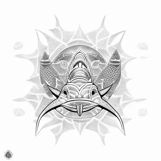 A dotwork design of a Hawaiian tribal pattern incorporating elements of sharks and whales tattoo design idea