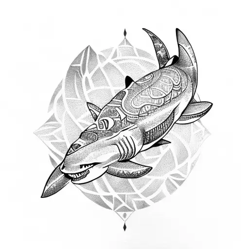 A tribal-inspired design featuring a shark and a turtle in a Hawaiian setting tattoo design idea