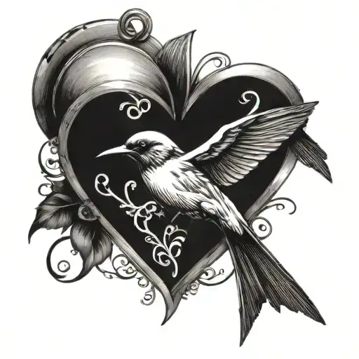 heart shaped locket with a swallow flying tattoo design idea