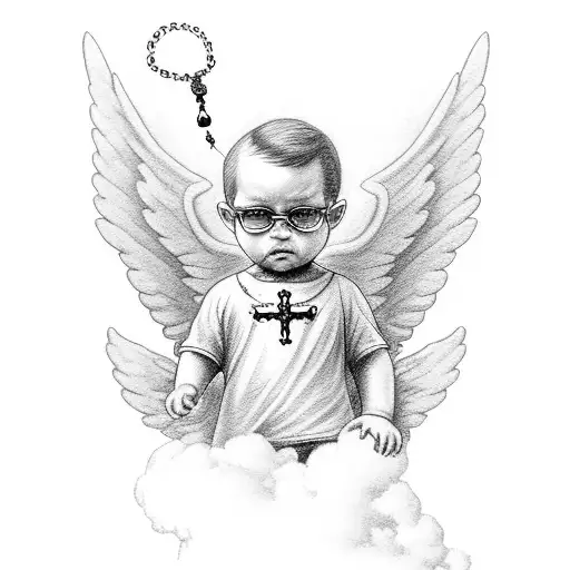 angel with his arms on a cloud, a rosary at his foot, in the cloud the symbol of Milan, glasses and a bicycle tattoo design idea