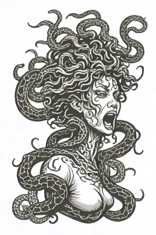 beautiful and terrifying medusa facing left and screaming surrounded by snake hair in woodcut style  tattoo design idea