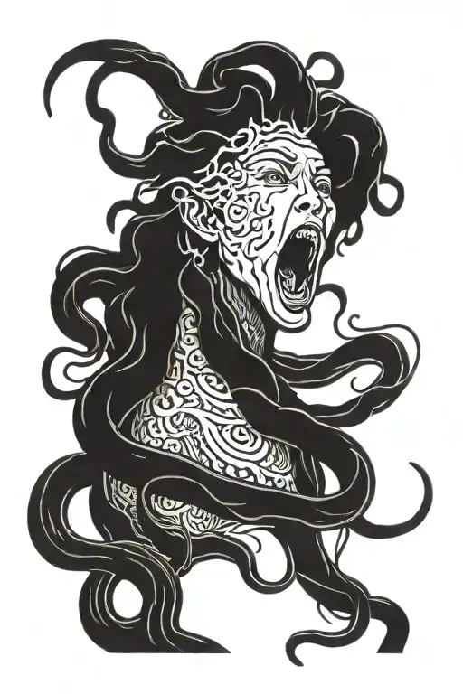 medusa facing left and screaming surrounded by snake hair in woodcut style  tattoo design idea
