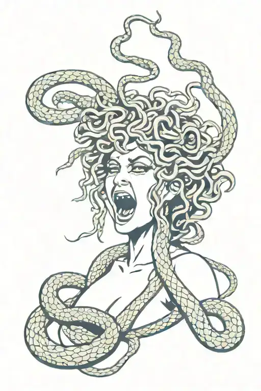 beautiful and terrifying medusa facing 45 degrees right and screaming with snake hair surrounding her  tattoo design idea