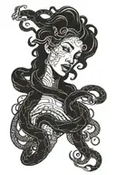 medusa facing left and screaming surrounded by snake hair in woodcut style  tattoo design idea