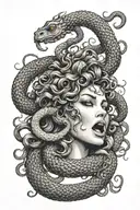 beautiful and terrifying medusa facing 45 degrees right and screaming with snake hair surrounding her  tattoo design idea
