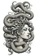 beautiful and terrifying medusa facing 45 degrees right and screaming with snake hair surrounding her  tattoo design idea