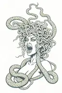 beautiful and terrifying medusa facing 45 degrees right and screaming with snake hair surrounding her  tattoo design idea
