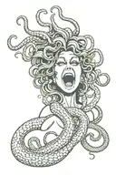 beautiful and terrifying medusa facing 45 degrees right and screaming with snake hair surrounding her  tattoo design idea