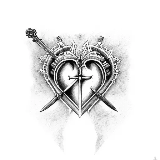 gothic style cross sword stabbed through a anatomical heart tattoo design idea