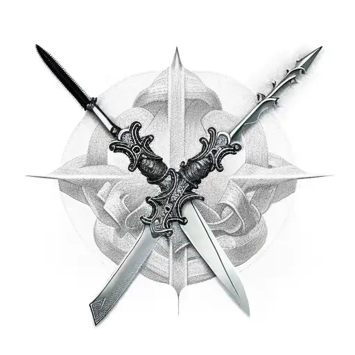 gothic style cross sword stabbed through a anatomical heartwith a ribbon tattoo design idea