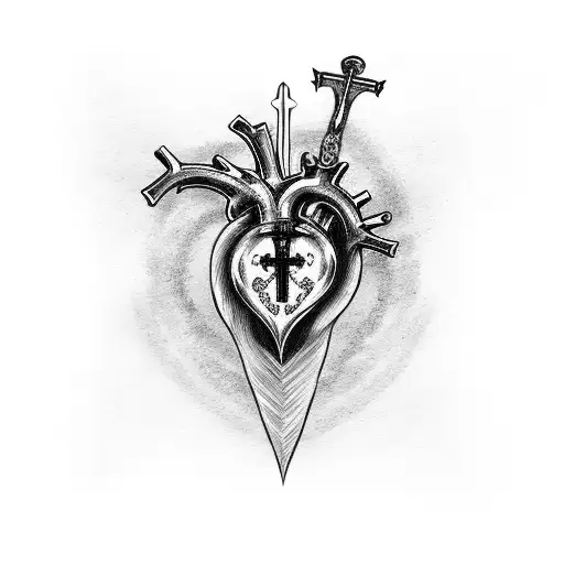 anatomical heart with a gothic style cross sword stabbed through it tattoo design idea