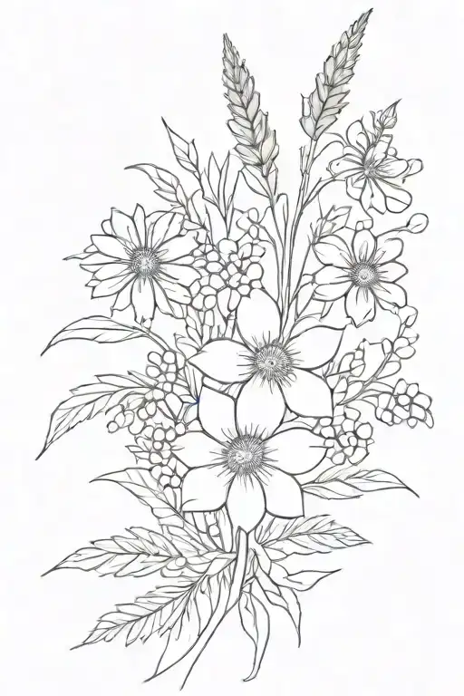 a four stem simple single line bouquet with a marigold, daisy, larkspur, and honeysuckle with a bow to tie it together tattoo design idea