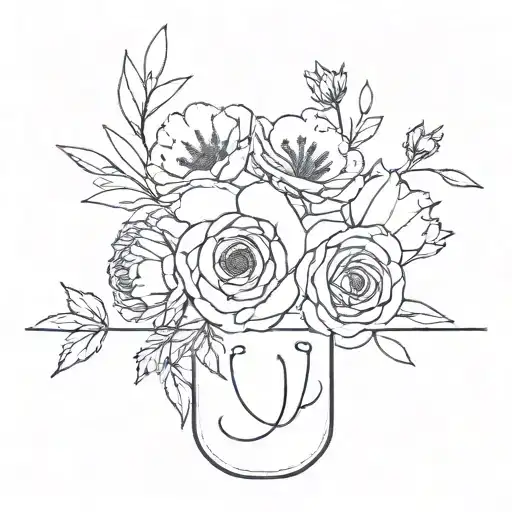 bouquet of fine line with the flowers of the birth months april, may, june, july, october, december tattoo design idea
