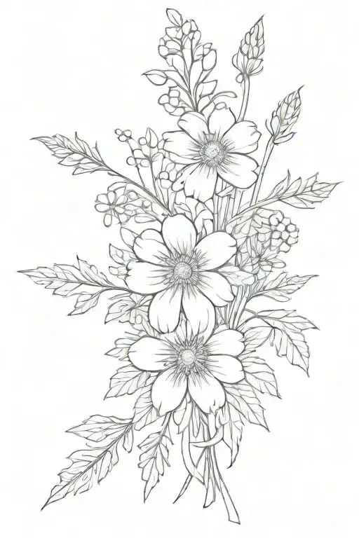 a four stem simple single line bouquet with a marigold, daisy, larkspur, and honeysuckle with a bow to tie it together tattoo design idea