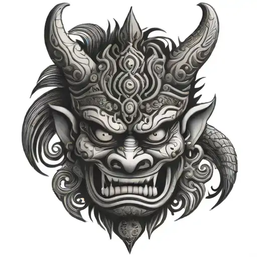 Cambodian demon mask tattoo design idea