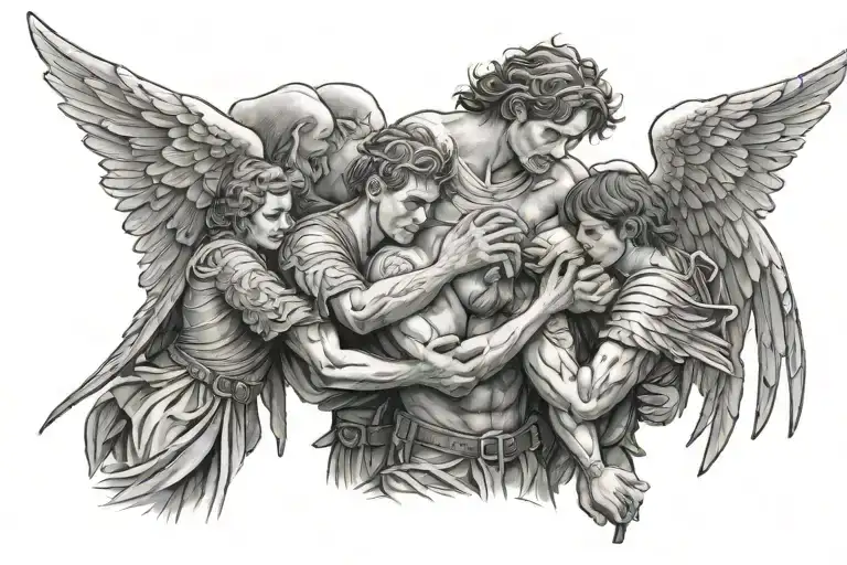 angels gathering around wounded warrior holding tattoo design idea