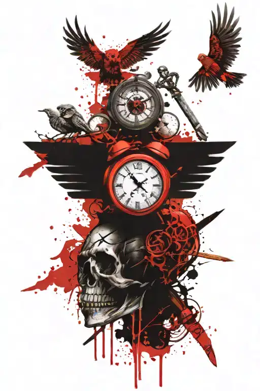: A sword with wings and a crown .A skull, clock, owl, and symbols of time and mortality with the phrase “Memento Mori.” tattoo design idea
