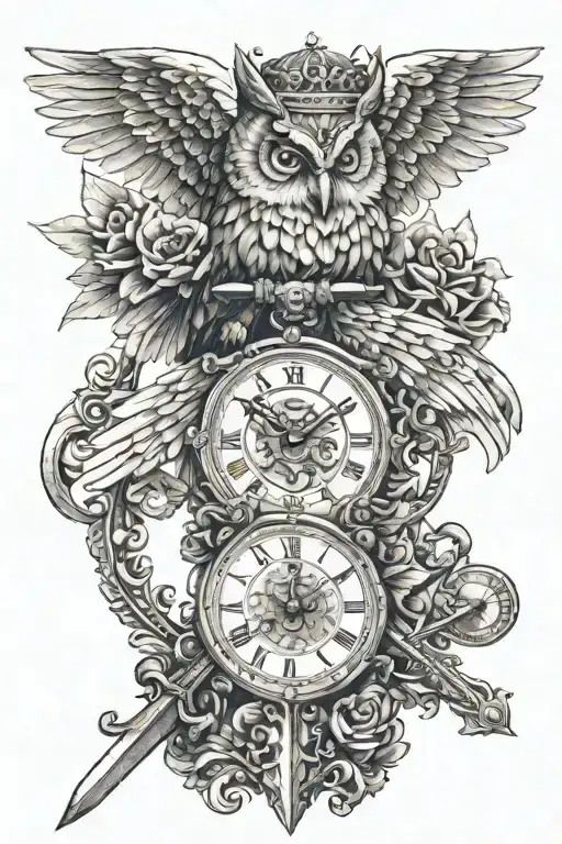 : A sword with wings and a crown .A  clock, owl, and symbols of time and mortality with the phrase “Memento Mori.” tattoo design idea