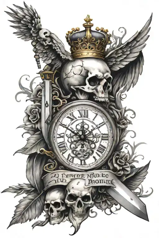 : A sword with wings and a crown .A skull, clock, owl, and symbols of time and mortality with the phrase “Memento Mori.” tattoo design idea