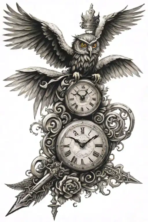 : A sword with wings and a crown .A  clock, owl, and symbols of time and mortality with the phrase “Memento Mori.” tattoo design idea