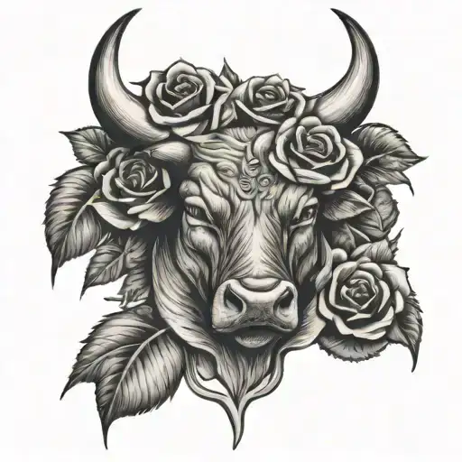 dead bull head with roses tattoo design idea