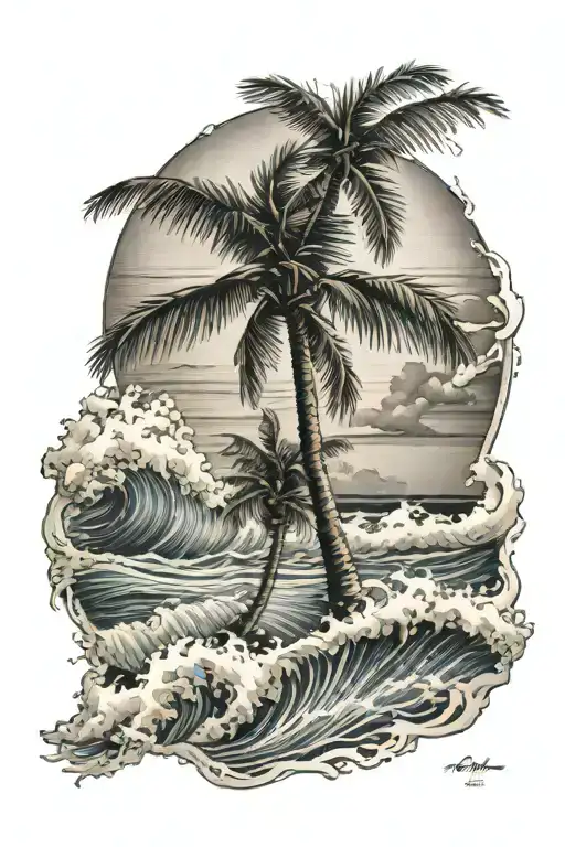 palm tree and waves crashing in the background tattoo design idea