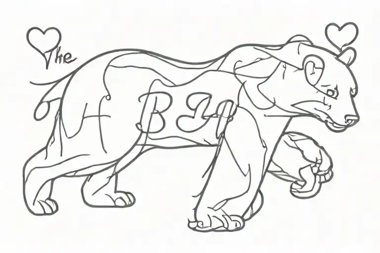 the name bear in italic font with a paw print and fine line heart  tattoo design idea