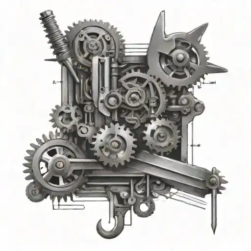 An intricate mechanical design incorporating elements of engineering tools and symbols, reflecting the client's occupation as an engineer tattoo design idea
