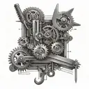 An intricate mechanical design incorporating elements of engineering tools and symbols, reflecting the client's occupation as an engineer tattoo design idea