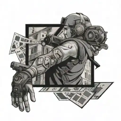 A gamer character exploring the streets of Italy, with film strips hanging in the background tattoo design idea