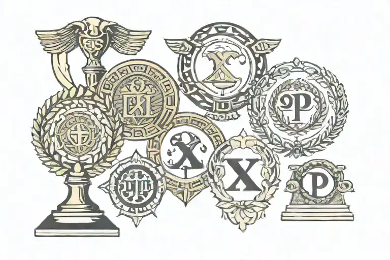 I want greek psi, phi and x sign side by side but with nice decoration surrounding them as trophies tattoo design idea