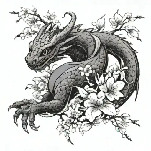 small toothless dragon next to cherry blossom branches tattoo design idea
