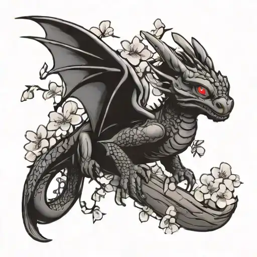 small toothless dragon flying through cherry blossom branches tattoo design idea